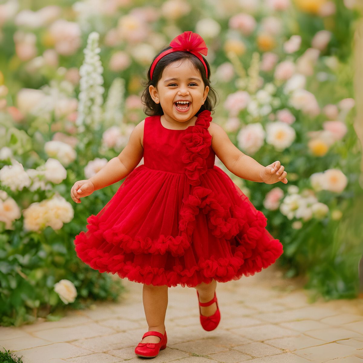 Ruffle Floral Detailing Frock for Girls