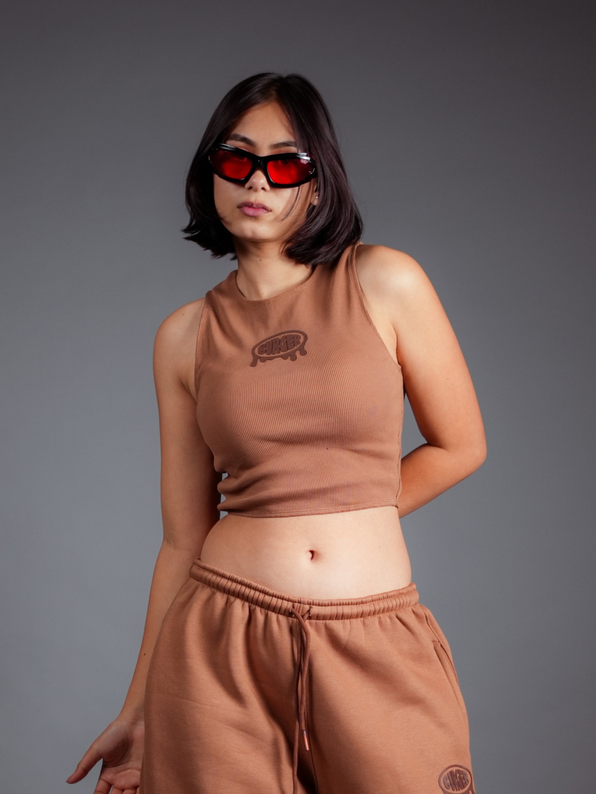 Womens Mocha Mousse Juicy Logo Sleeveless Racer Tank Top