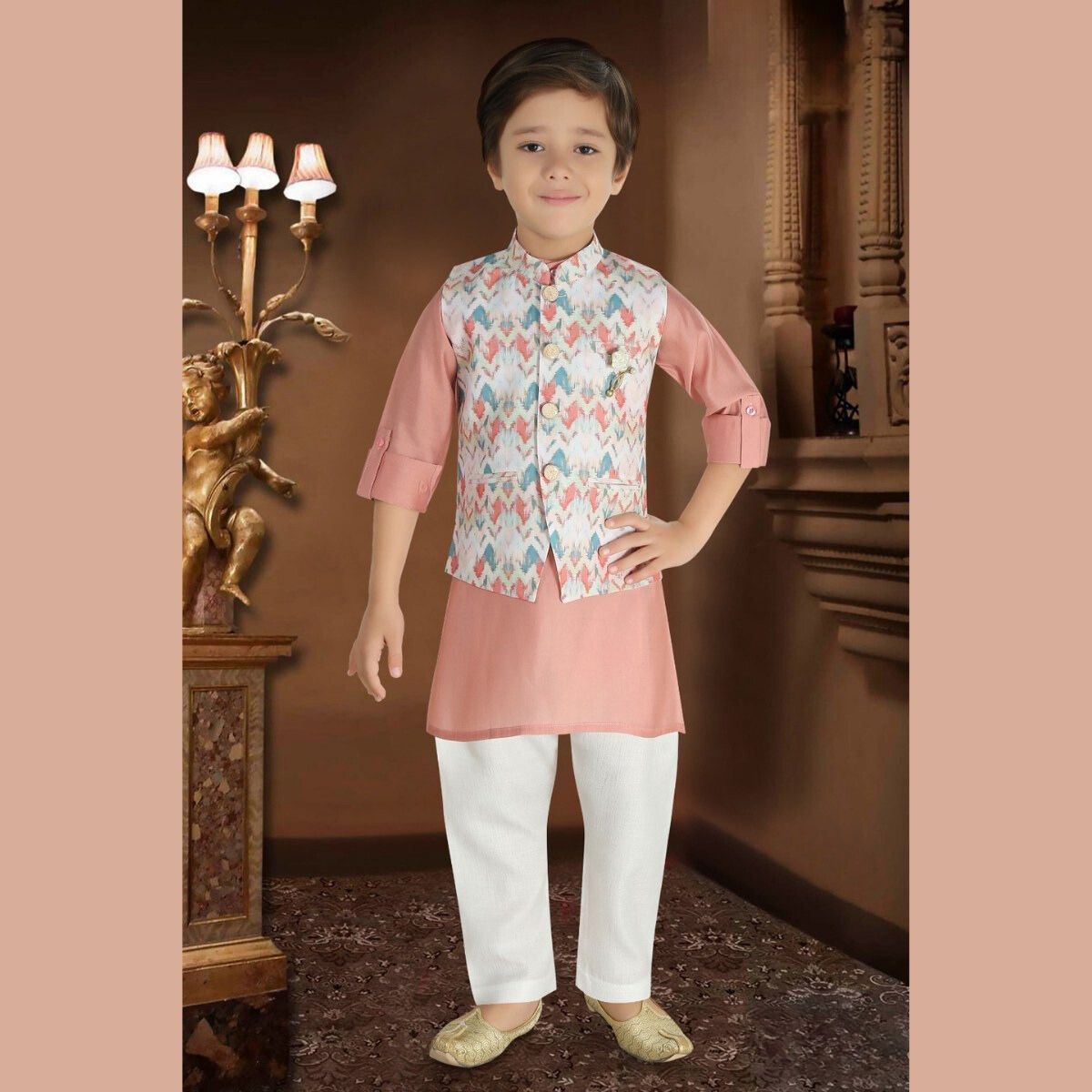 Onion Printed Boys Kurta Pajama with Jacket