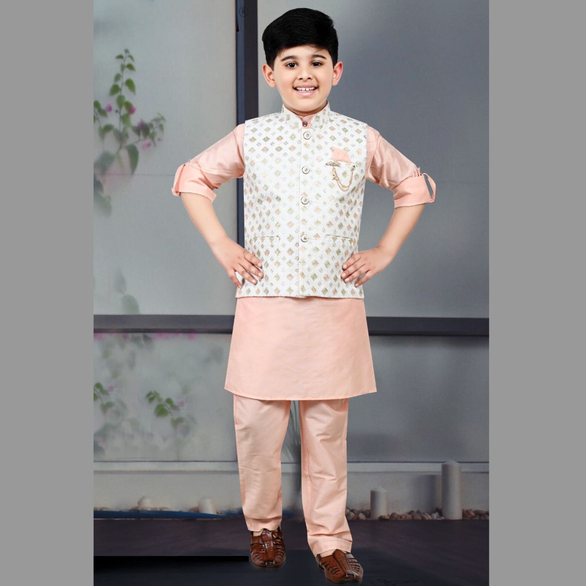 Cream Embroidered Boys Kurta Pajama with Jacket