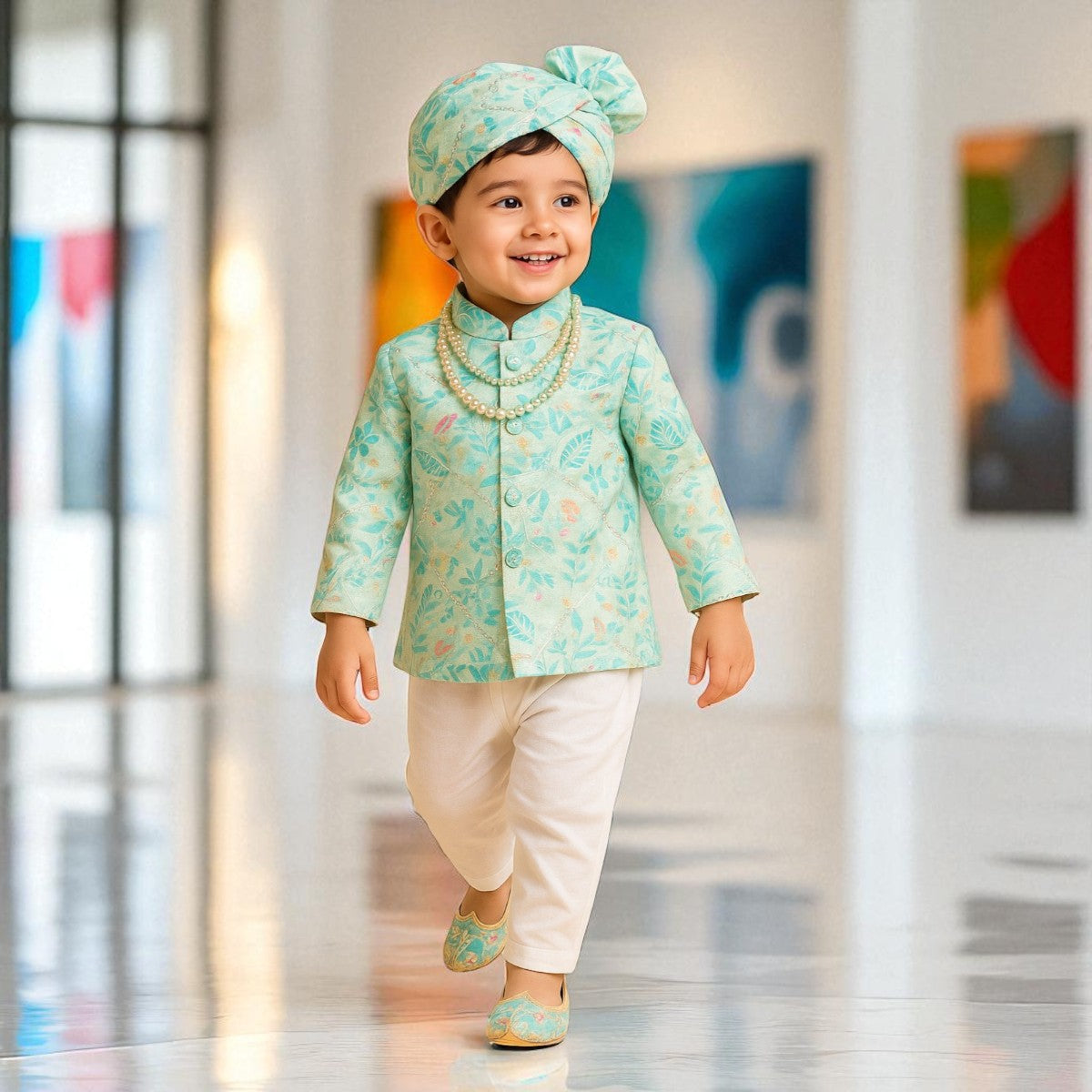 Sea Green Floral Kurta Pajama for Boys