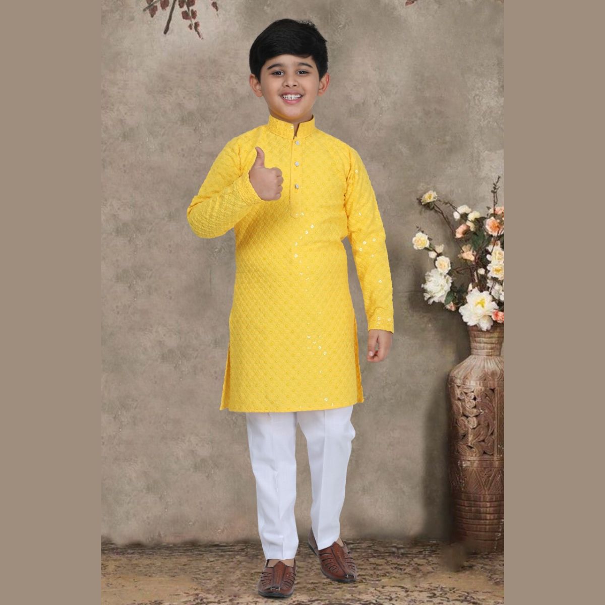 Yellow Sequins Boys Kurta Pajama