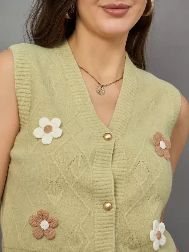 Floral Yellow Wool Cardigan for Women Vibrant Cozy Winter Outfit