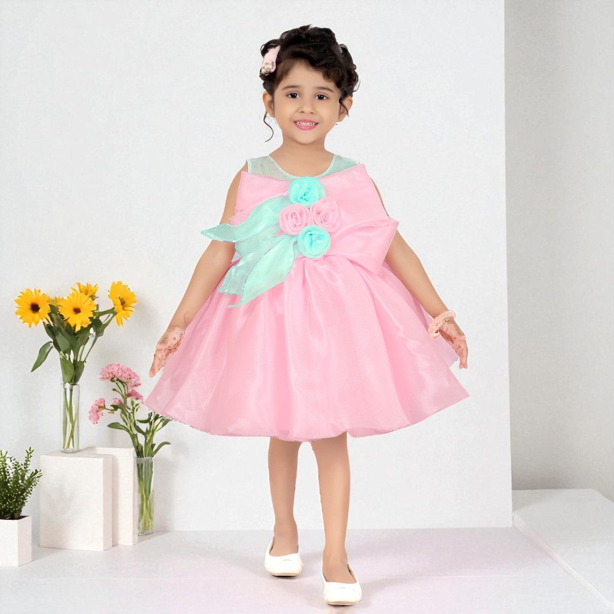 Pink Frock for Girls with Floral Bow Accent