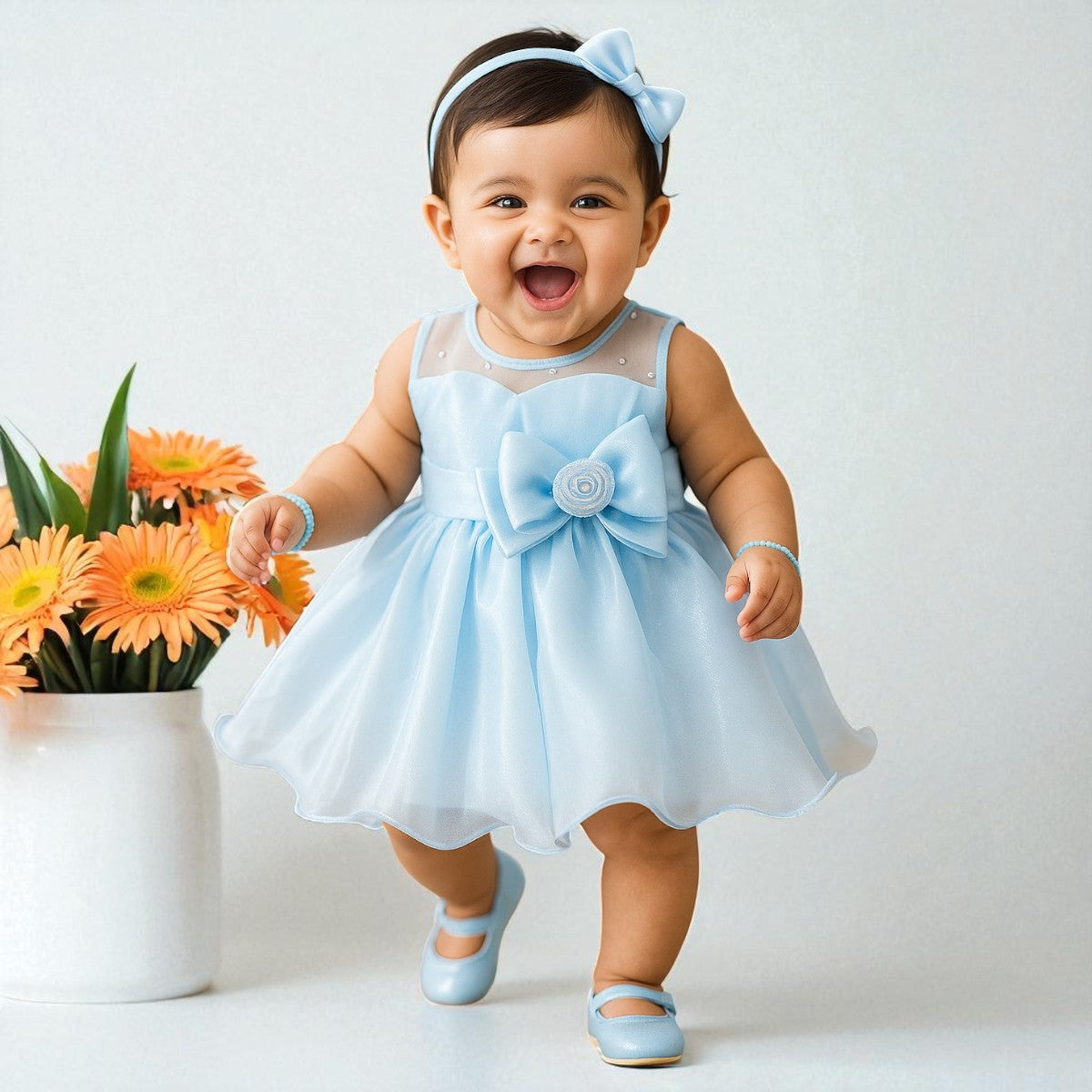 Sky Blue Bow Design Girls Frock