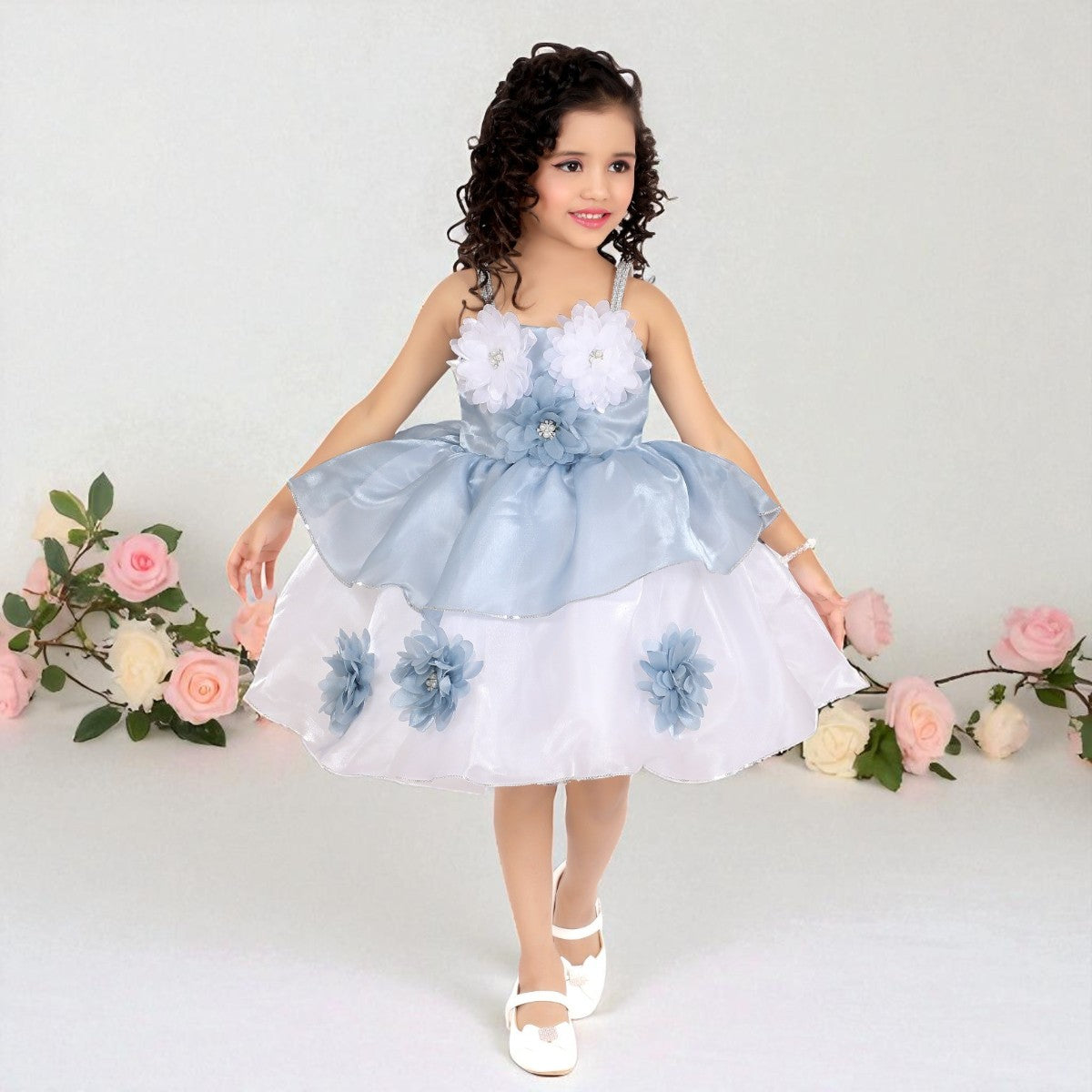 Party Wear Frock for Girls with Floral Applique