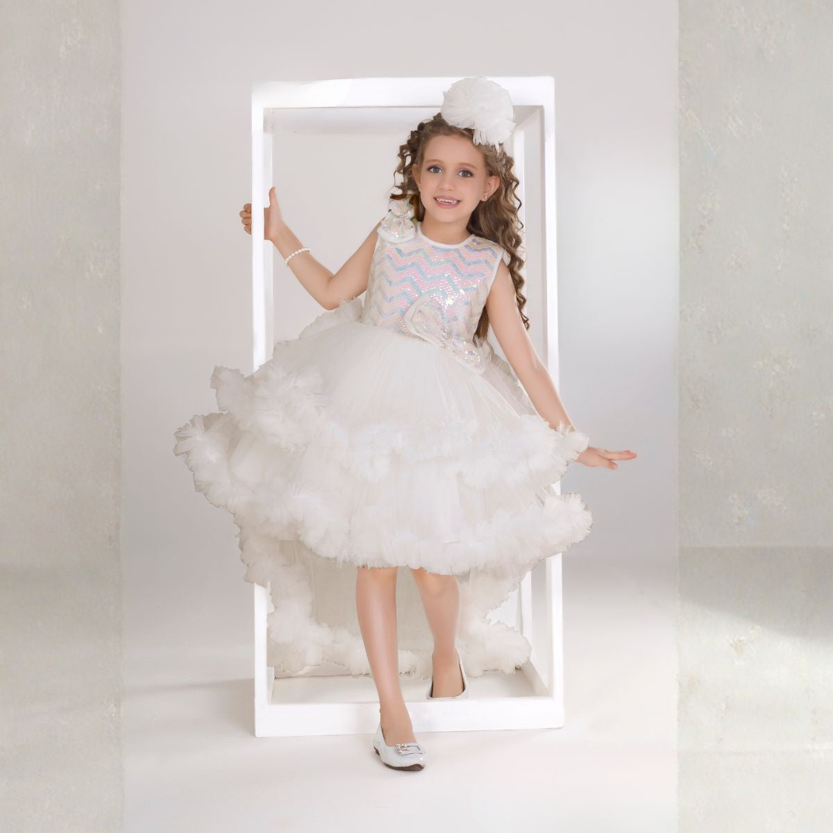 Purple White Layered High Low Girls Frock