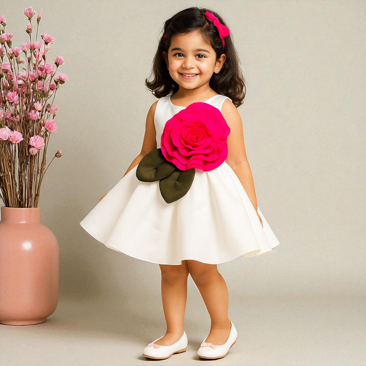 Black White Girls Frock with Rose Design