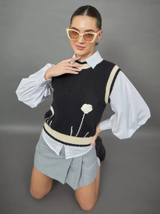 Big White Flower Black Wool Vest for Women Statement Winter Piece