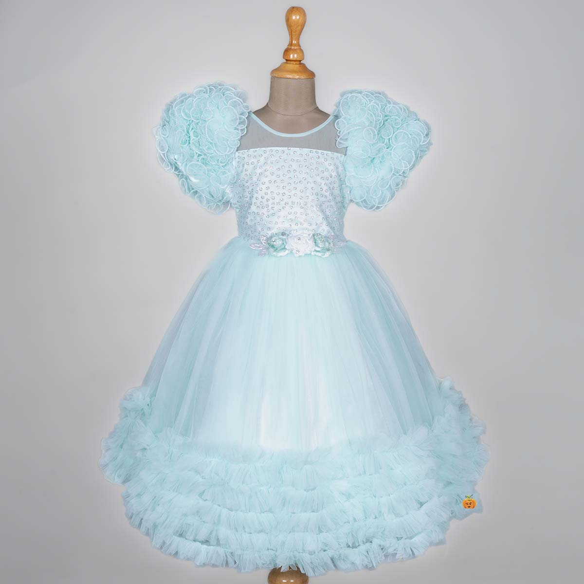 Sea Green Pink Net Frill Girls Gown