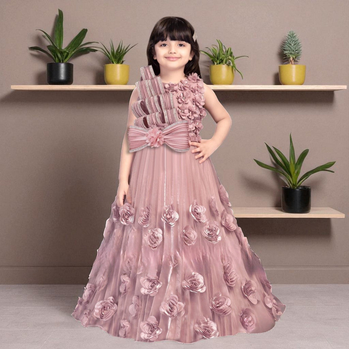 Onion Pink Floral Work Long Gown for Girls