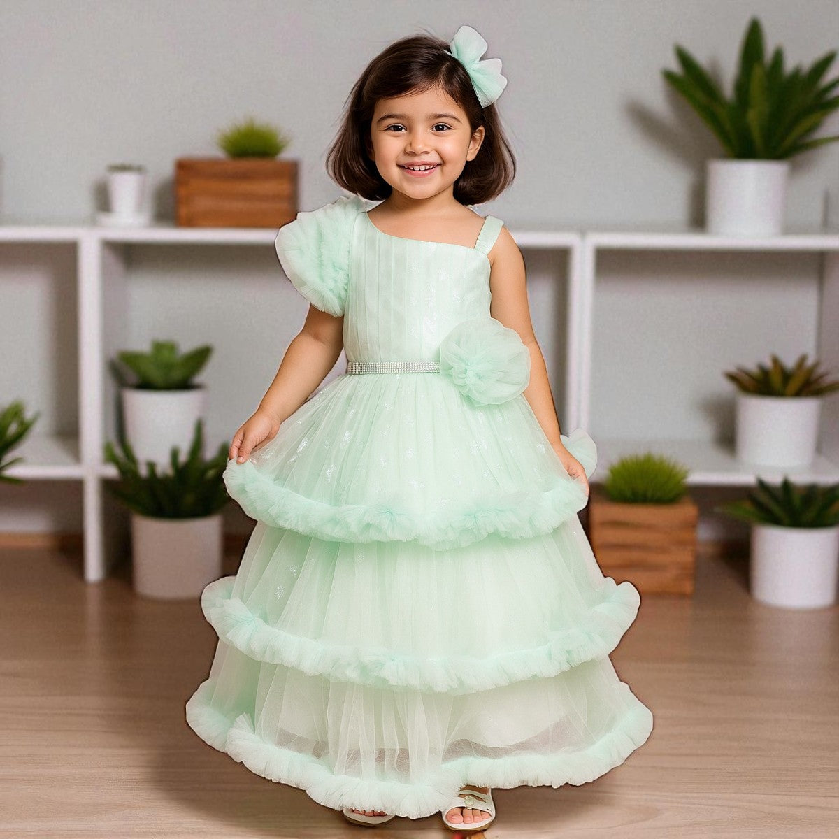 Sea Green Layered Gown for Girls