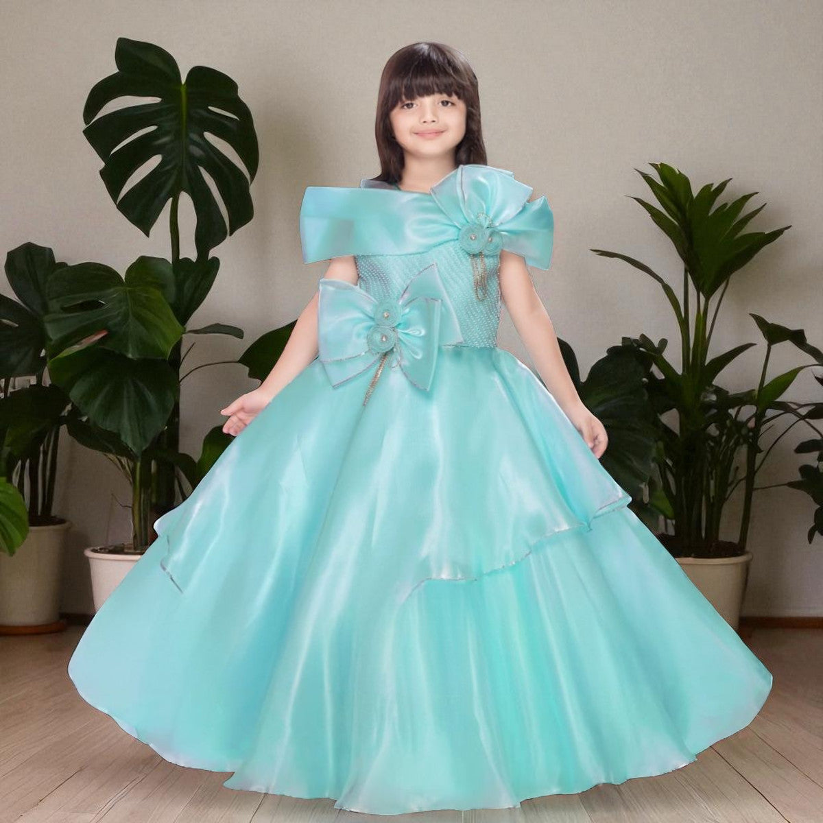Turquoise Long Gown for Girls with Bow Design