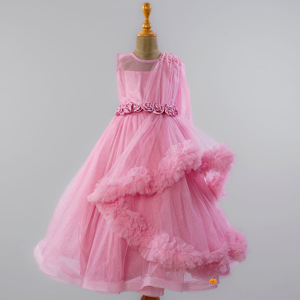 Onion Peach Girls Gown with One Side Frill