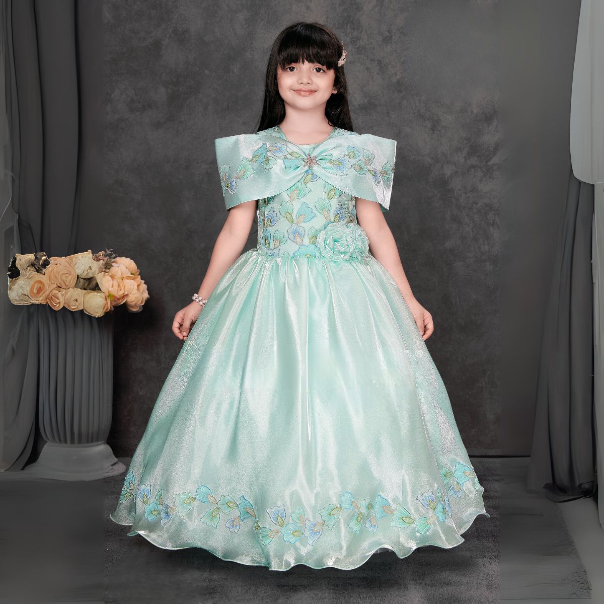 Sea Green Embroidered Gown for Girls
