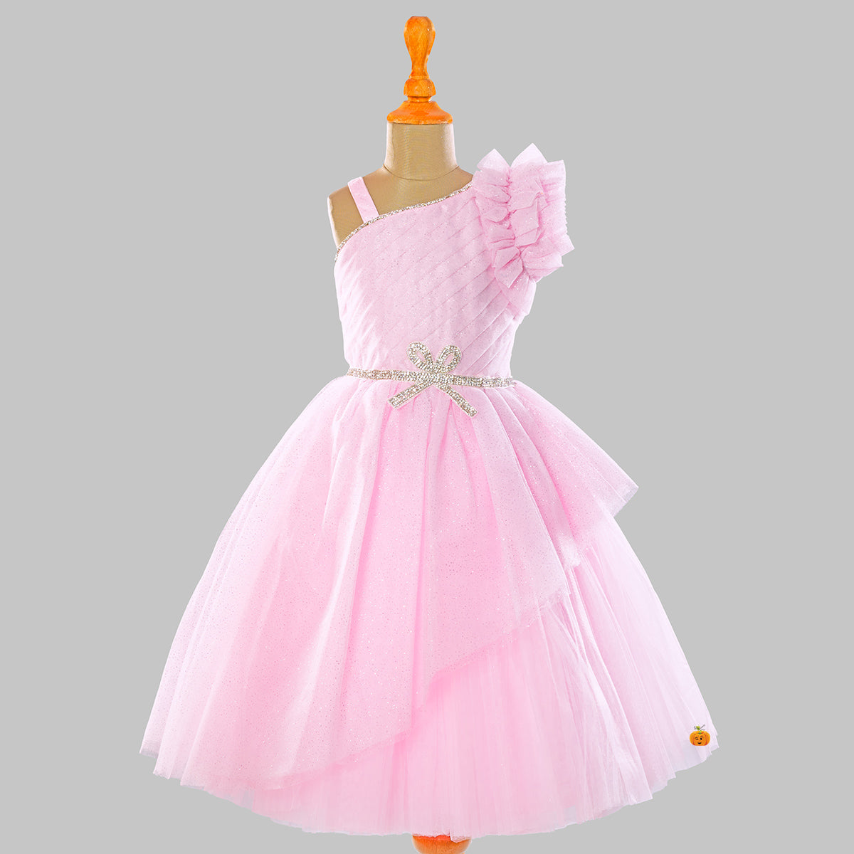 Pink Sea Green Ruffled Sleeves Girls Gown