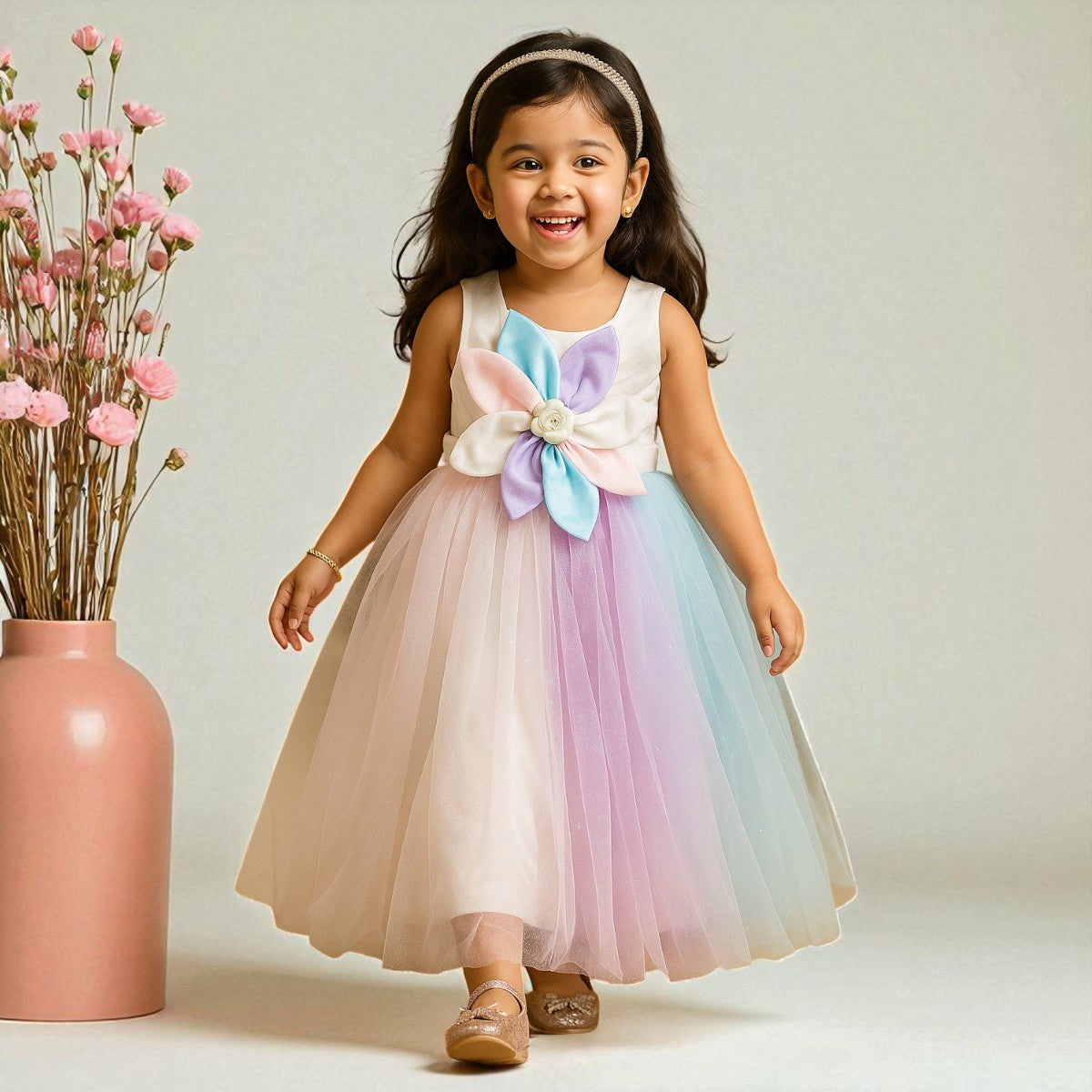 Multi Color Floral Bow Gown for Girls