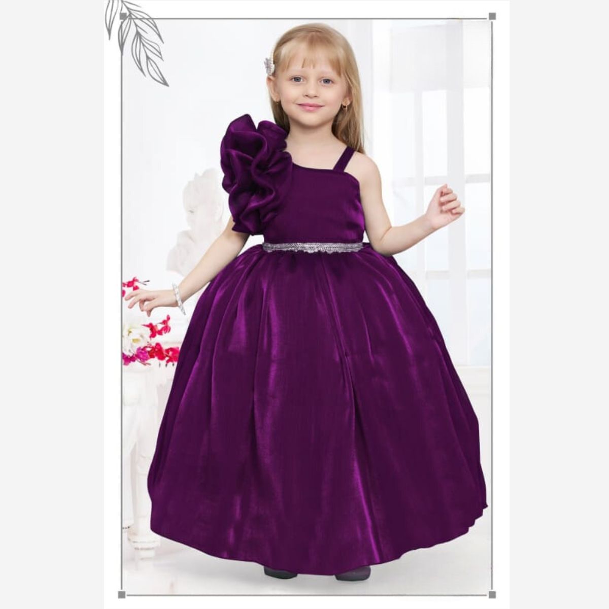 Wine Rama Ruffled Sleeves Girls Gown