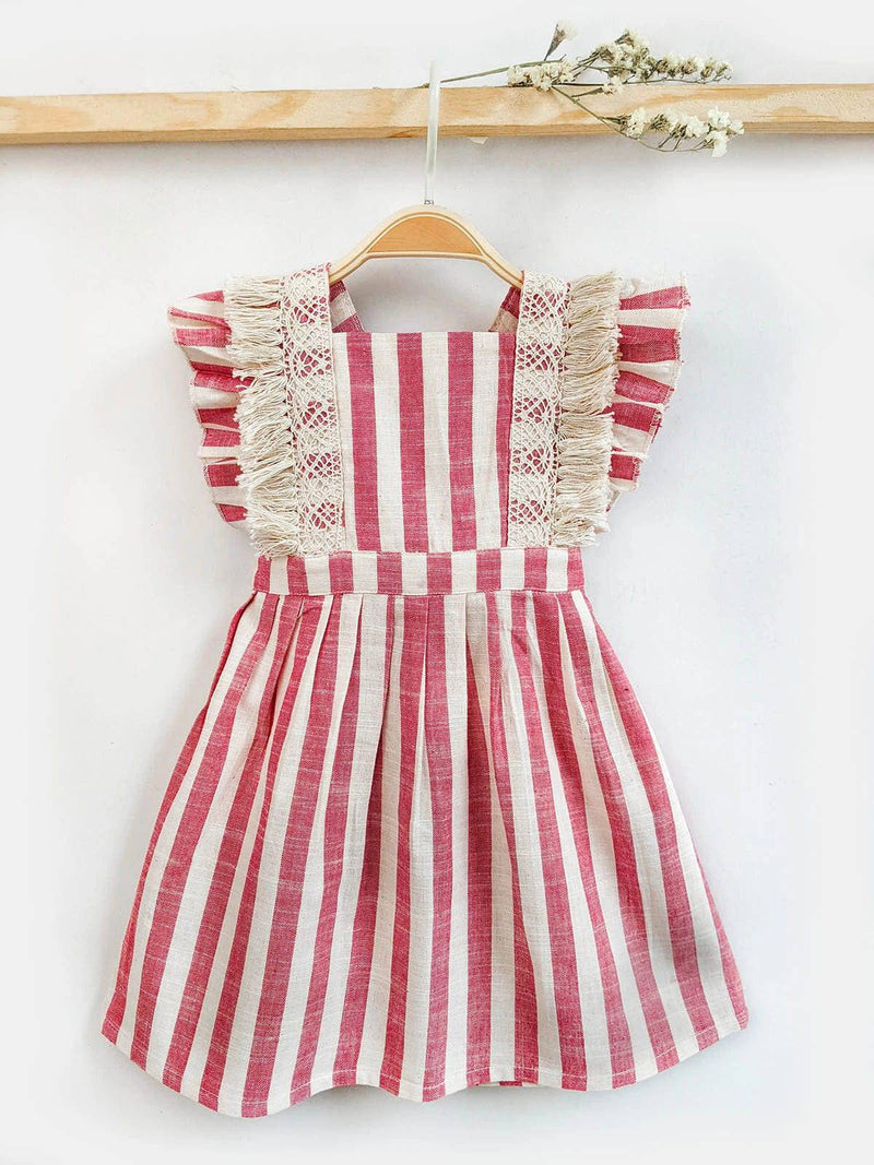 Pink Striped Baby Frilled Frock with Crochet Lace ? Cute Baby Dress