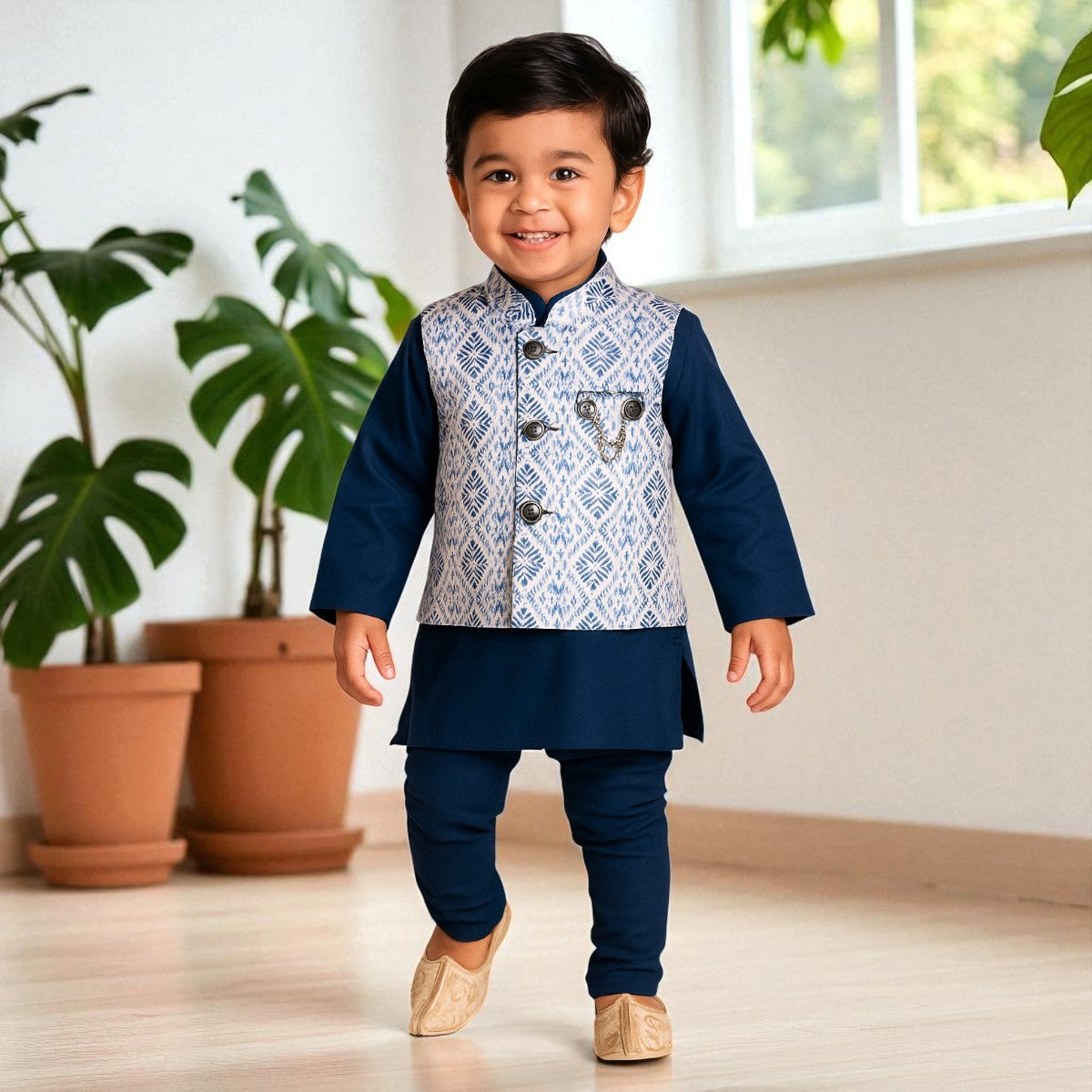 Navy Blue Printed Kurta Pajama for Boys