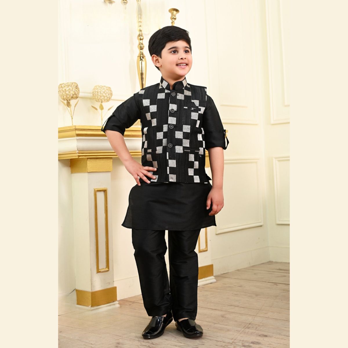 Black Checks Pattern Boys Kurta Pajama