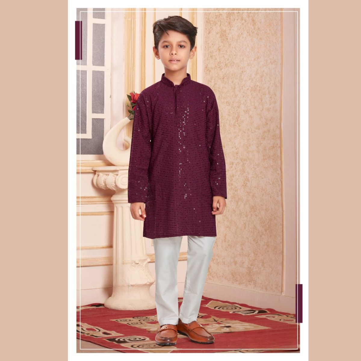 Wine Sequin Boys Kurta Pajama