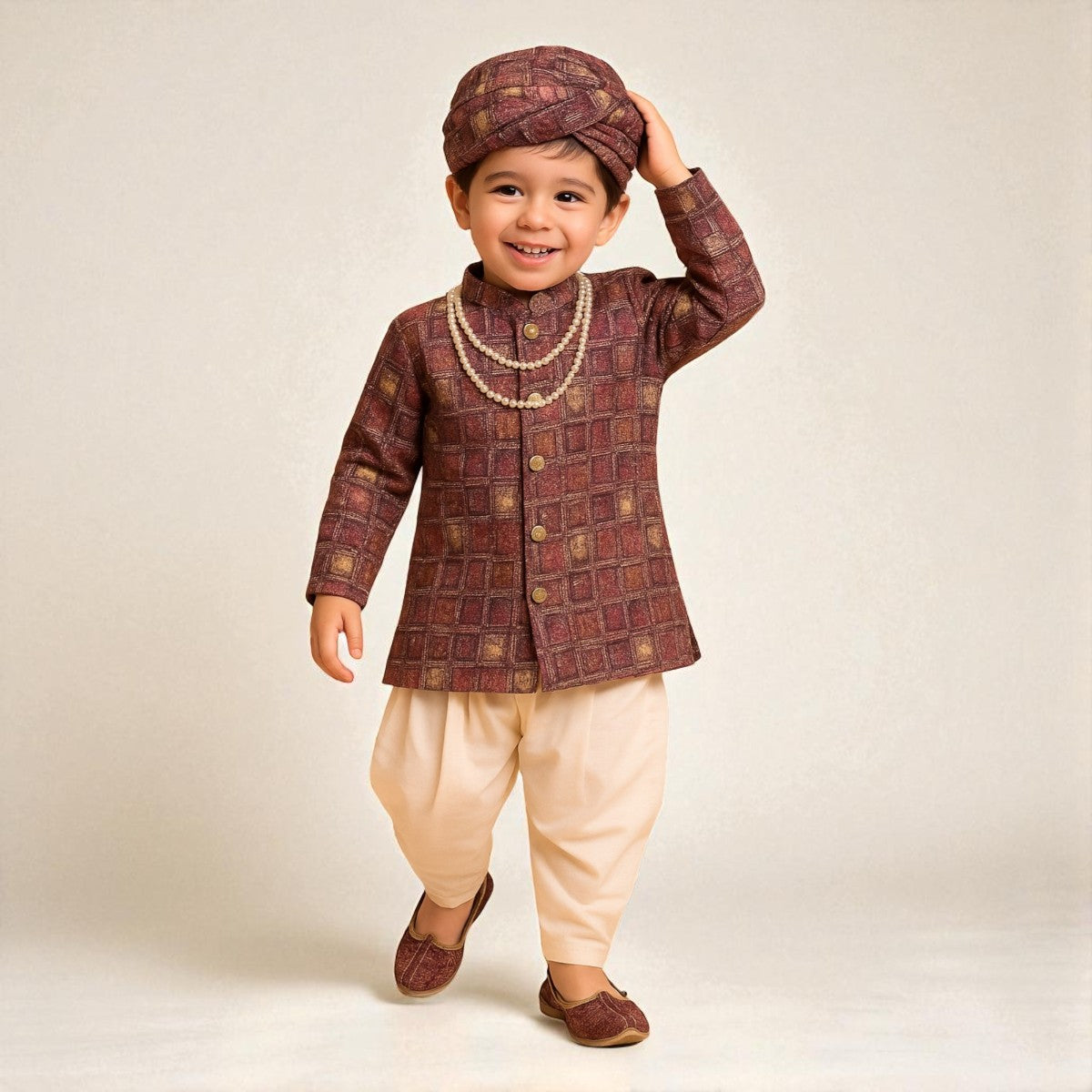 Coffee Color Kurta Pajama for Boys with Turban