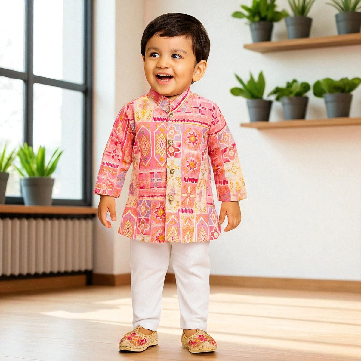 Pink Printed Kurta Pajama Set for Boys