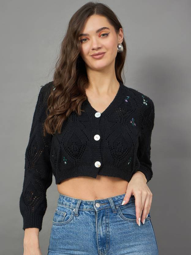 Adorable Floral Black Crop Cardigan for Women Trendy Winter Fashion