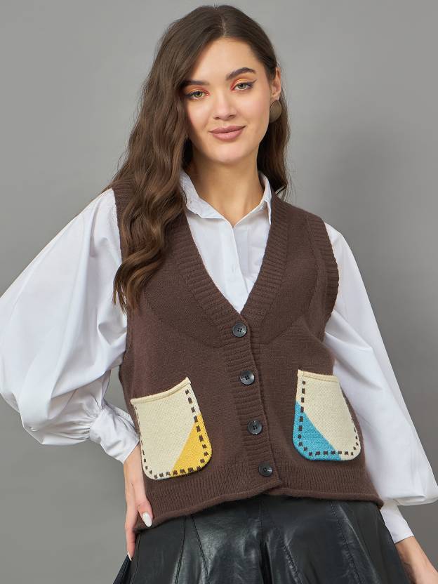 Brown Big Pockets Sleeveless Cardigan for Women Cozy Layered Style