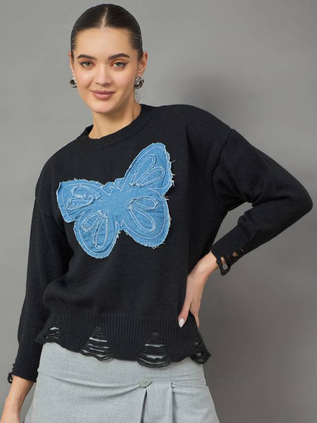 Big Blue Butterfly Black Sweater for Women Statement Winter Wear