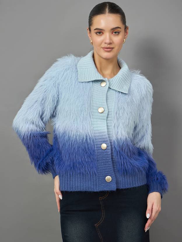 Blue Furry Collared Neck Cardigan for Women Soft Cozy Knit Layer