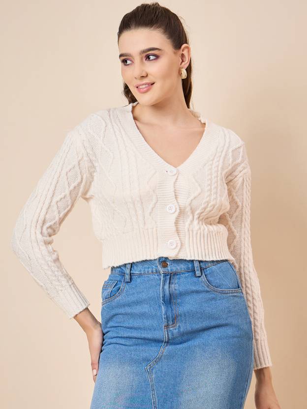 White V Neck Self Design Sweater for Women Elegant Cozy Knitwear