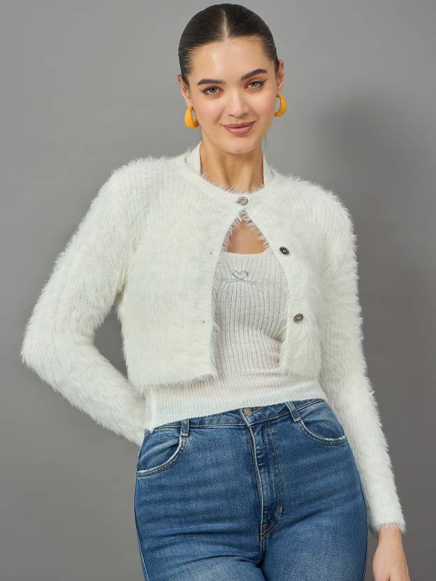 White Furry Round Neck Cardigan for Women Soft Stylish Winter Outfit