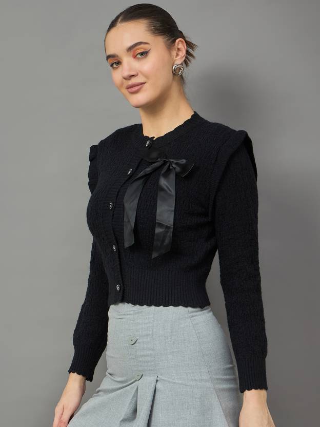 Pretty Bow Black Cardigan for Women Chic Elegant Look