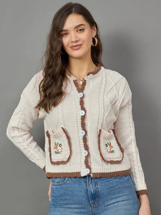 Brown and White Garden Style Cardigan for Women Floral Winter Layer