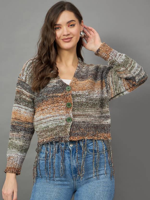 Green Self Design Full Sleeve Cardigan for Women Elegant Knitwear