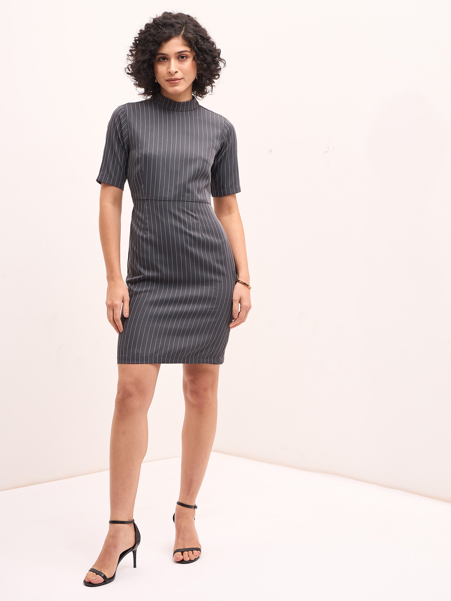 Steel High Neck Sheath Dress for Women in Grey and White Classic Workwear