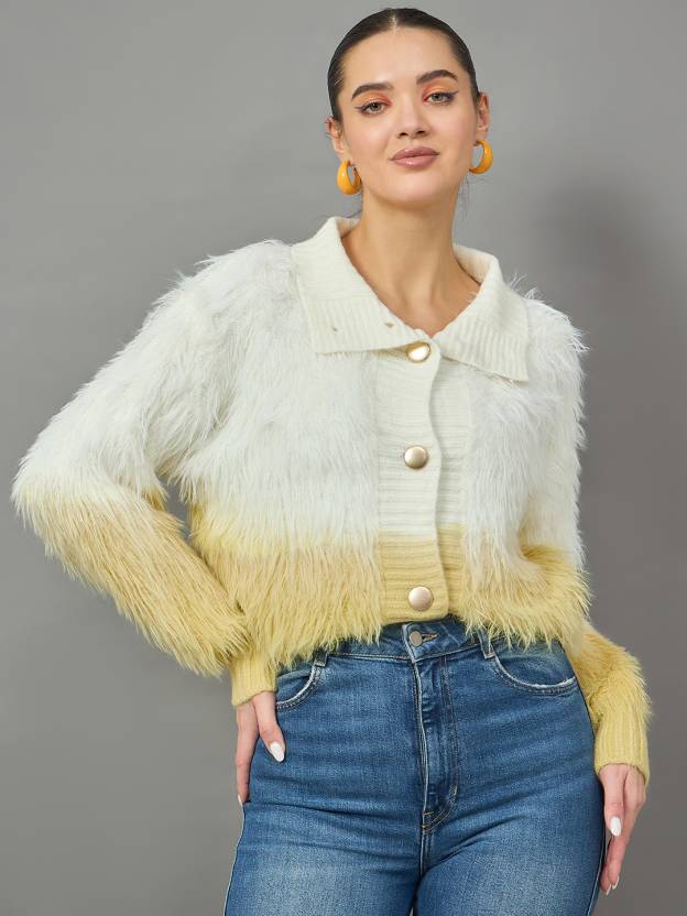 White and Yellow Furry Collared Neck Cardigan for Women Trendy Winter Look